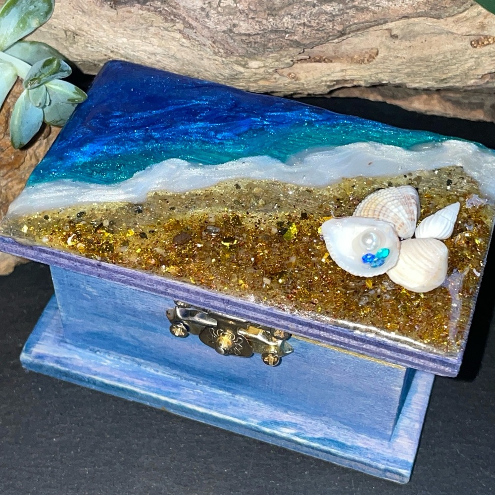 REDUCED Real Sand Ocean Themed Resin Topped Jewelry Trinket Pine Box